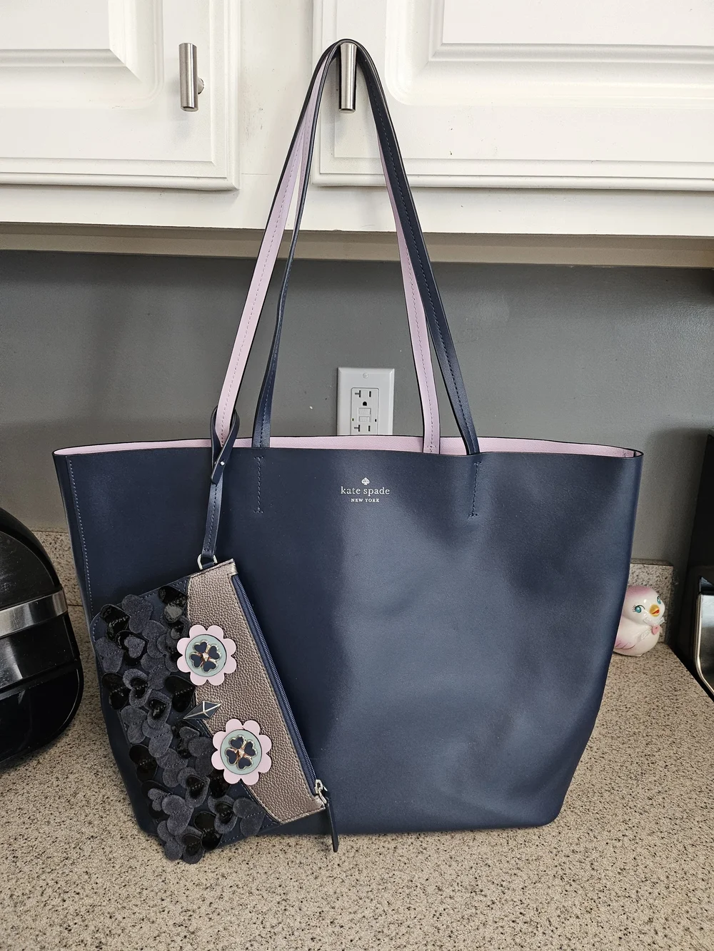 kate spade New York Navy & Pink Leather Tote with Floral Wristlet